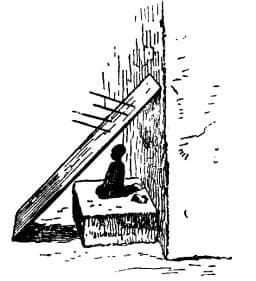 A small wooden figure and two pieces of ironstone outside wall of house on a clay platform with a board with pieces of iron driven into it in front of it. The figure is called ESHU, and represents the Devil