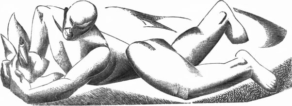 An abstract woodcut drawing of a man lying on his stomach holding a new plant.
