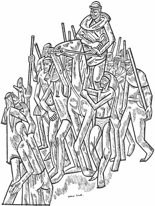An abstract pen and ink drawing of a group of a dozen or more men surrounding another man riding on a horse, all carrying weapons of some sort.