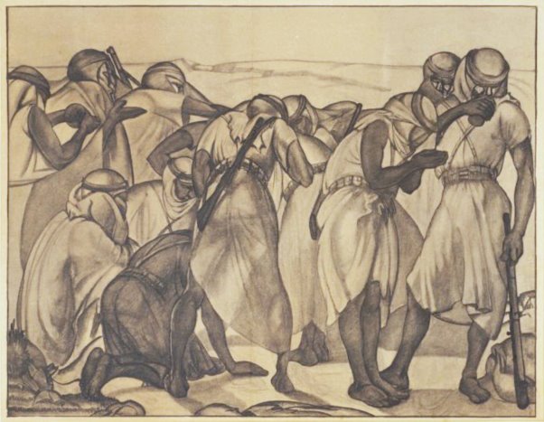 A charcoal drawing of several armed Arabian men at a well, drinking water either out of their hands or a cup.