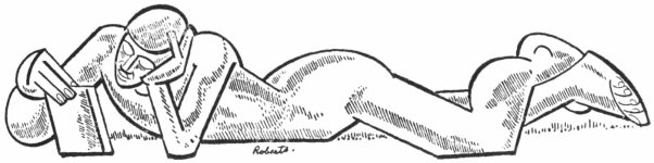 An abstract pen and ink drawing of a man lying on his stomach on the ground, reading a book.