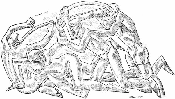 An abstract pen and ink drawing of three men and a woman on the ground fighting with swords.