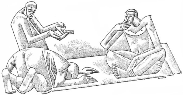 An abstract pen and ink drawing of a man sitting cross-legged on one end of a large rug, with two men on the other end, one bowing prostrate, the other with his hands held out asking for something.