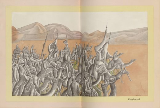 An abstract pen and wash drawing of a large group of men on camels walking through a desert surrounded by mountains.