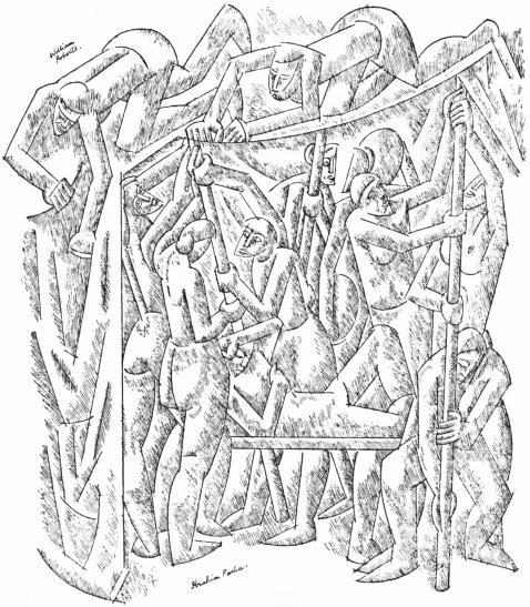 An abstract pen and ink drawing of several people putting up the poles and fabric for a large tent.
