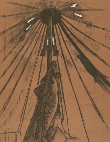 A chalk drawing of a man standing next to the pole of a very large tent; the view is looking up from the ground towards the apex of the tent.
