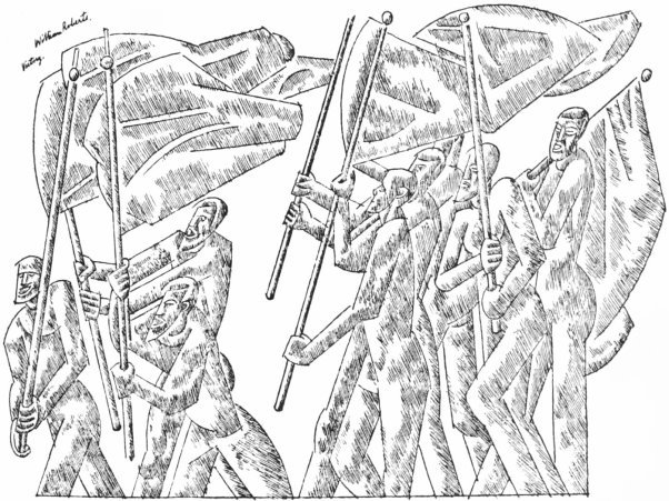 An abstract pen and ink drawing of several men carrying and waving banners.