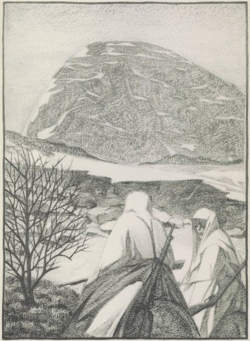 A pencil drawing of two armed men on camels facing a large boulder in the background, with a bare bush to the left of the men.