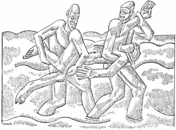 An abstract pen and ink drawing of two men carrying a struggling third man between them.