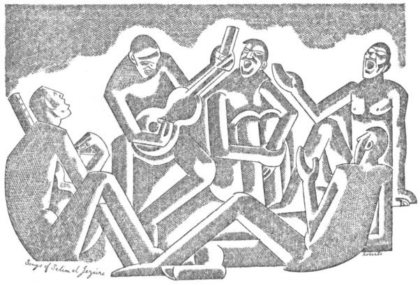 An abstract pen and ink drawing of five men sitting close together, one with a guitar, one with another instrument, and all are singing.