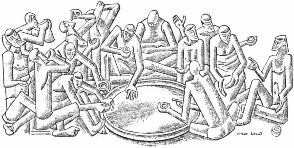 An abstract pen and ink drawing of a large group of men gathered around a round well, each with a cup in his hand drinking or talking with others around him.