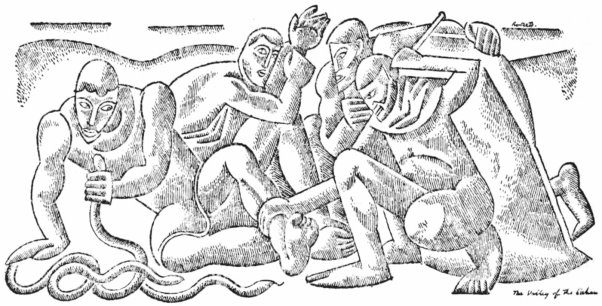 An abstract pen and ink drawing of four men seated or kneeling on the ground. Two are wrestling with each other, one of the two has a grip on the third man’s leg, and that man is gripping one of several snakes by its head, eying the other two men.