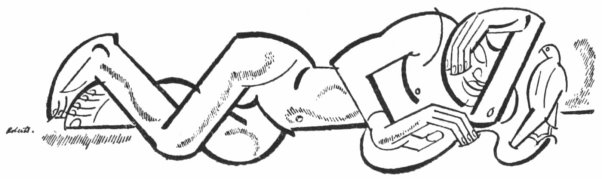 An abstract pen and ink drawing of a man lying on the ground on his side with his left arm wrapped around his head, with a bird standing next to him on the ground looking at him.