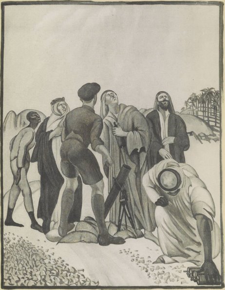An oil drawing of several men in Arab in robes and kaffiyehs looking into the air, next to a man in shirt and shorts standing before what appears to be a grenade launcher, with another Arabian man in the foreground reaching for one of four sticks of dynamite lying on the ground.