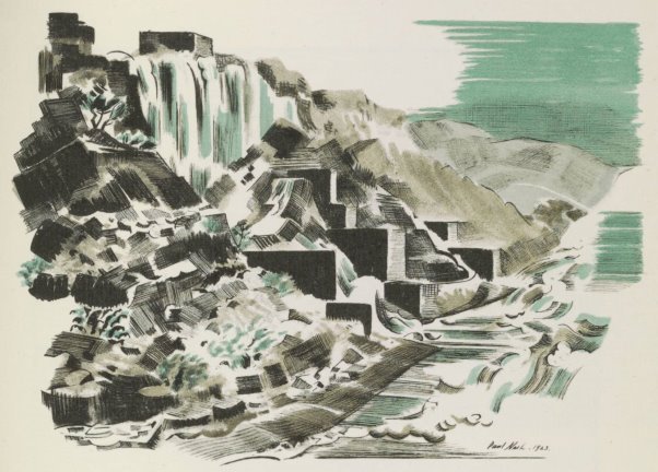 A pen and wash drawing of a waterfall coming down a mountain, with large rocks down the sides and in front of the waterfall.