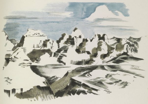 A pen and wash drawing of several mountains with blue skies and a few clouds behind them.