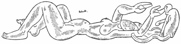 An abstract pen and ink drawing of a nude woman lying on her back, looking and reaching behind her head to play with a monkey seated there.