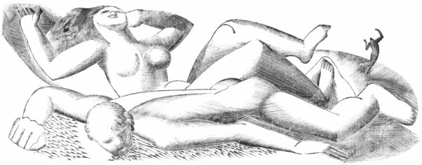 An abstract woodcut drawing of a man lying on his stomach, a woman lying next to him stretching as if she just woke up, with another person in the distance standing and stretching.