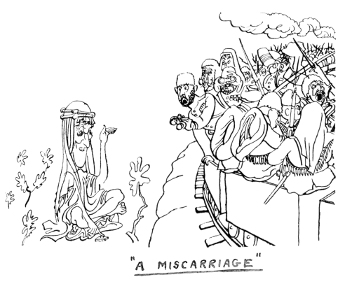A caricature line drawing of a seated man (Lawrence) in robes and kaffiyeh sitting cross-legged on the ground, with his finger on a detonator button, in front of a train filled with Turkish soldiers. Lawrence is waving goodbye to them with his left hand.