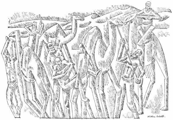 An abstract pen and ink drawing of several camels; one is carrying a man, two are being tended to by men, and two men are trying to get an injured man onto one of the other camels.