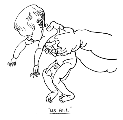 A caricature line drawing of a newly born male baby facing left, being held around the chest by two hands with only the forearms showing. Part of the baby’s umbilical cord is still attached.
