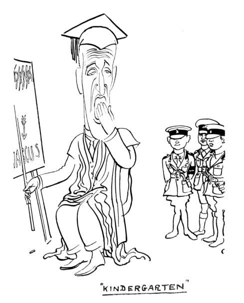 A caricature line drawing of a seated man in academic cap and gown holding a pointer with his right hand and covering a yawn with his left. He is pointing at a board with writing on it; to his right are three men in military uniform.