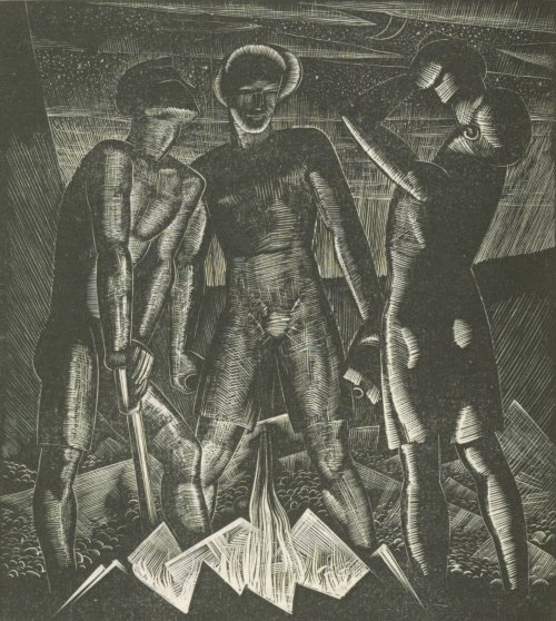 A dark woodcut drawing of three men standing around a fire, one leaning on a weapon, one staring at the fire, and the other drinking from a large container of water. There are stars and outline of a crescent moon in the background.
