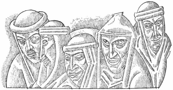 An abstract pen and ink drawing of the heads of five Arabian men in kaffiyehs, the two leftmost of whom are talking to each other.