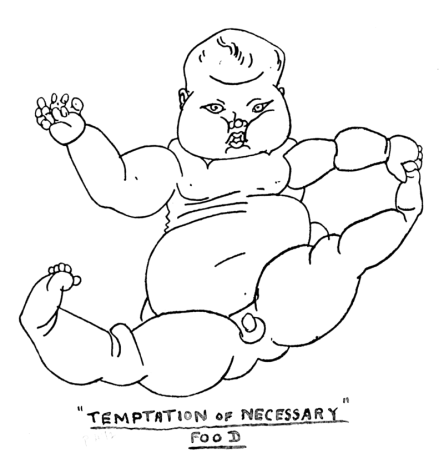 A line drawing of a large nude male baby with his arms and legs extended, his left hand holding his left foot.