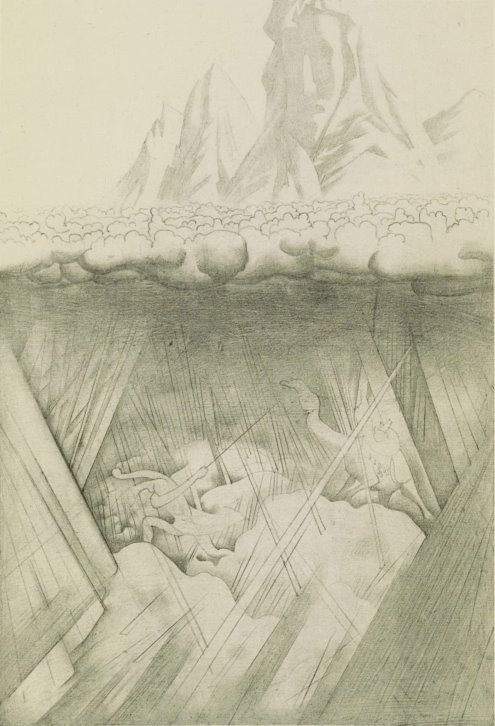 An abstract pencil drawing of large mountains in the background, with the foremost one resembling a man’s face. There are clouds at the base of the mountains, and below the clouds is a man dragging a camel by a rope.