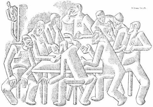 An abstract pen and ink drawing of a group of men in military ribbons gathered around a table gesturing and talking to each other.