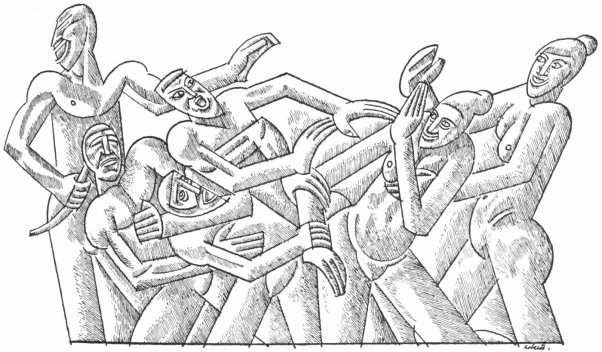 An abstract pen and ink drawing of four men on the left wrestling with each other and with two laughing women on the right.