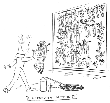 A caricature line drawing of a man (Lawrence) in front of a board with a lot of small doll-sized facsimiles of military and Arab men stuck on the board with pins. Lawrence has one in his hand with a pin through it that he is about to stick on the board.