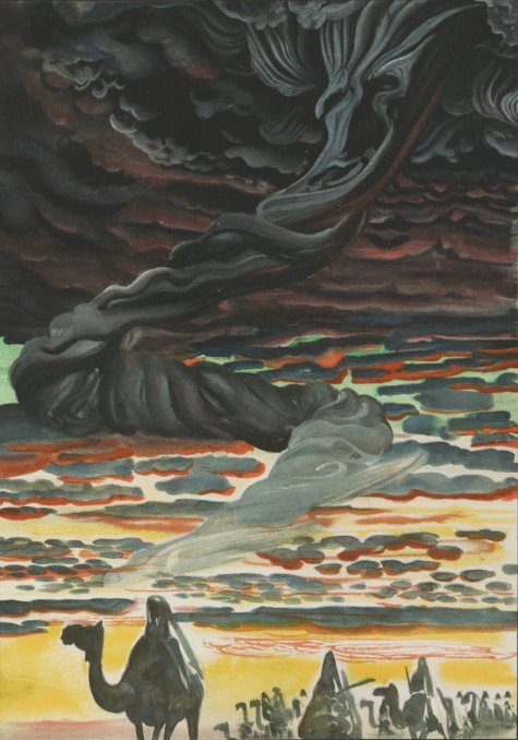 An abstract watercolour of a group of men on camels with a huge sky filled with clouds above them, and in the midst of the regular clouds is a large black cloud that looks like the stretched-out face of a man.