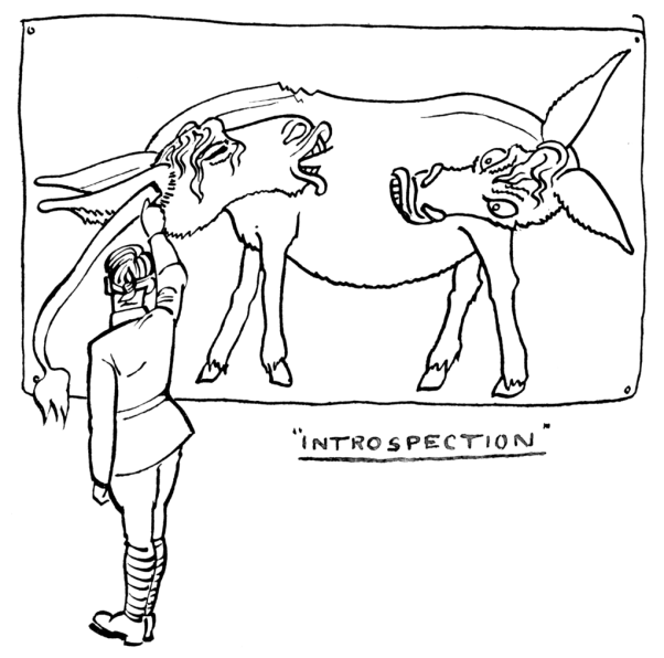 A caricature line drawing of a man in military uniform standing with his back to you facing a board on which is drawn a donkey with two heads at each end of the body, each facing the other. The man is holding up a long donkey tail, looking as if he’s about to pin it on the board.