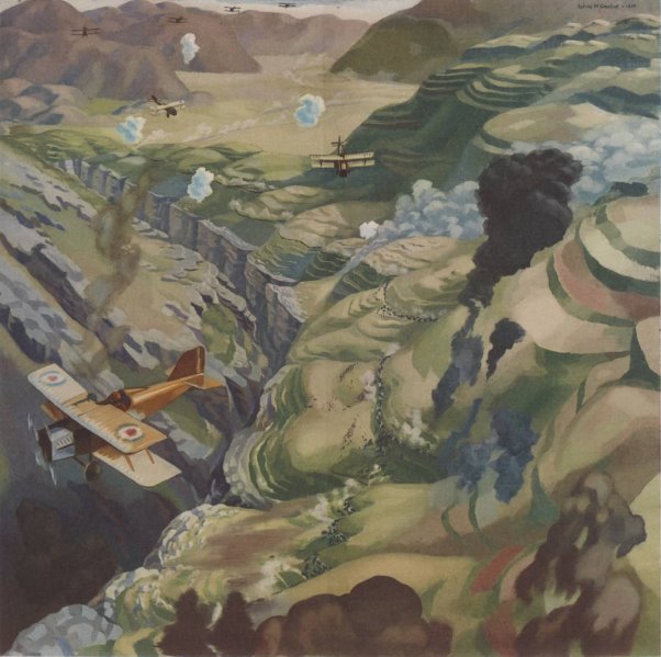 An oil painting of large mountain ranges with several biplanes flying over and large columns of black smoke rising from below.