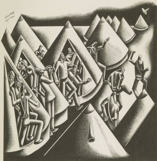 An abstract pen and ink drawing of many tents with men looking out of them; in the distance a biplane is circling to come towards the men.