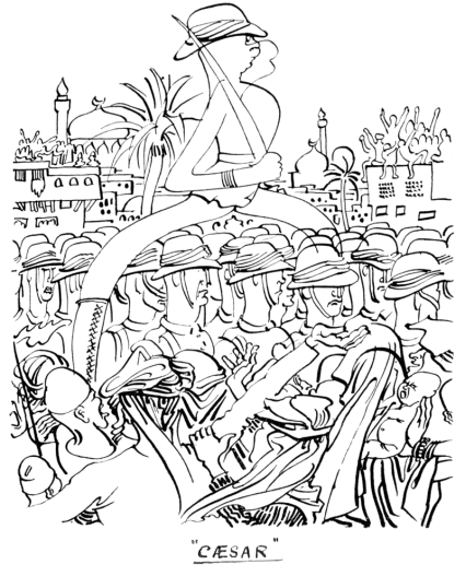 A caricature line drawing of a man being carried into an Arab city with many English military men around him, with mosques in the background and outlines of many people standing and seated on buildings cheering as they come in.