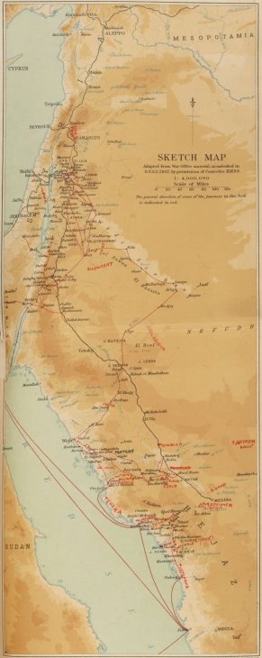 Period map of the area around the Red Sea and up through the Levant. It includes the Hejaz region on the west side of the red sea, with markings for Lawrence’s travels through the region.