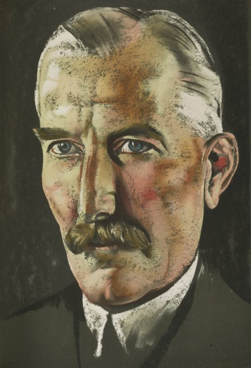 Pastel portrait of an older white male with blue eyes, full mustache, full white hair parted on his left, facing forward.