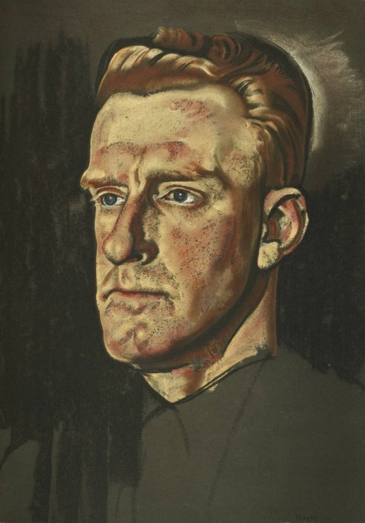 Pastel portrait of a ruddy clean-shaven white male in his thirties, with brown eyes, full red hair, long bulbous nose, facing to his right.