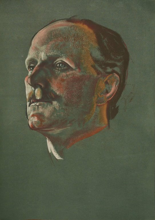 Pastel portrait of a balding white male with blue eyes, sharp nose, thin mustache, black greying hair, facing to his right.