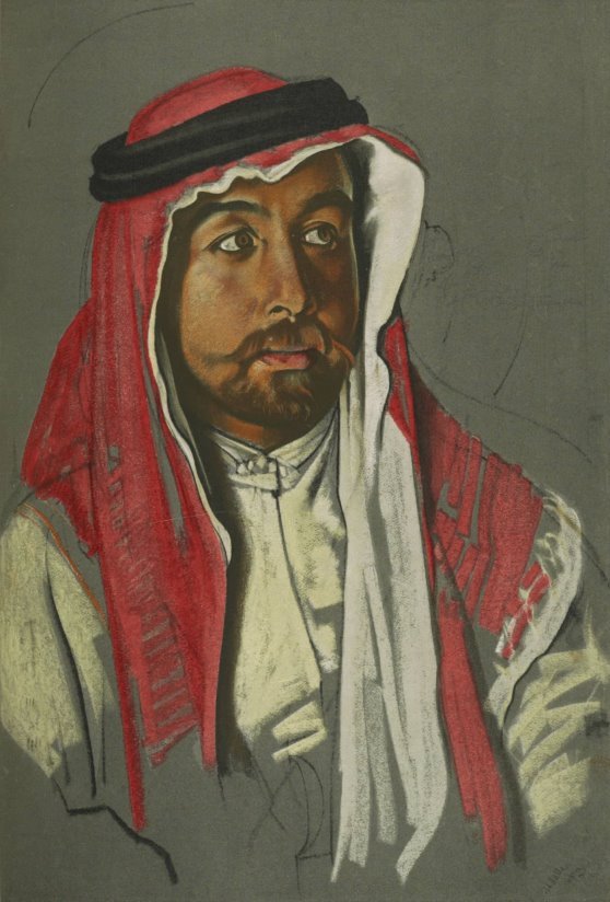 Pastel portrait of an Arab man with brown eyes and beard, in a white robe with red kaffiyeh and black agal, facing to his left.