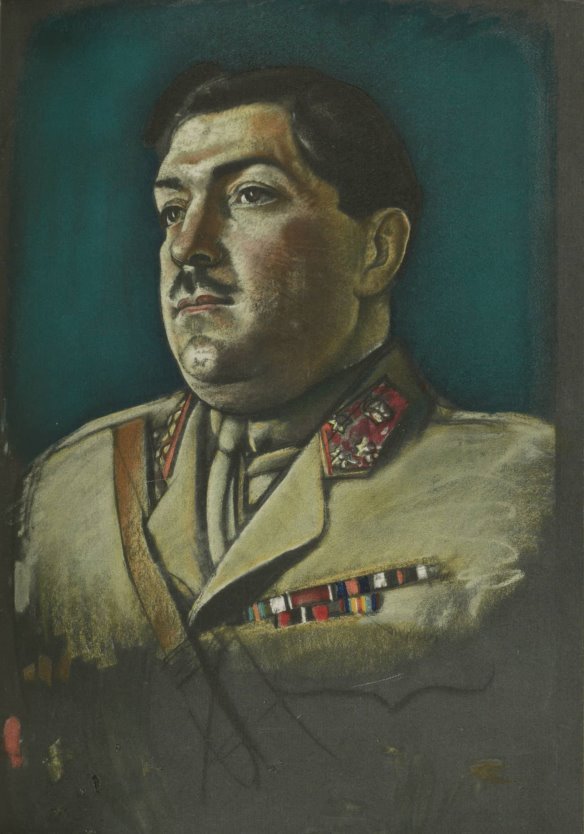 Pastel portrait of a Persian man in formal military clothes with dark eyes, thin mustache, black hair, facing to his right.