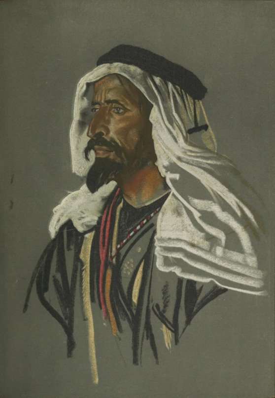 Pastel profile portrait of an Arab male with brown eyes, long black mustache and beard, in a grey robe with white kaffiyeh and black agal, facing to his right.