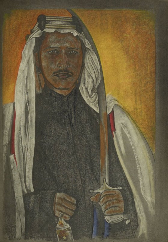 Pastel portrait of an Arab male with dark eyes and thin black mustache, in a dark robe, white kaffiyeh and white agal, holding a long, thin sword in his left hand.