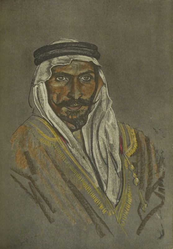 Pastel portrait if an Arab male with dark eyes, black beard and long mustache, in a grey robe with white kaffiyeh and black agal, facing slightly to his left.