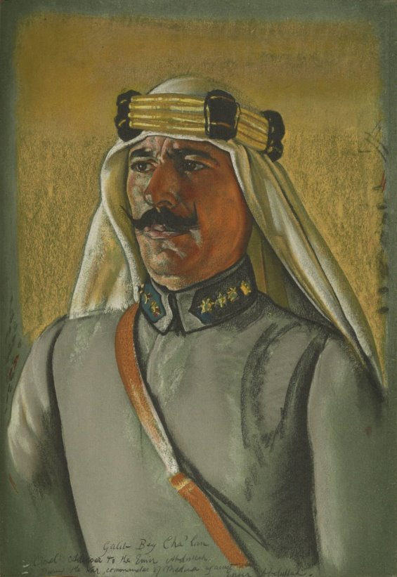 Pastel portrait of an Arab man in military robe with four gold stars on each collar, with dark eyes, a long black mustache, white kaffiyeh and gold agal.