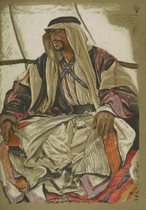 Pastel portrait of an Arab male with dark eyes and black circle beard in a multicoloured robe with a cream-coloured kaffiyeh and black agal.