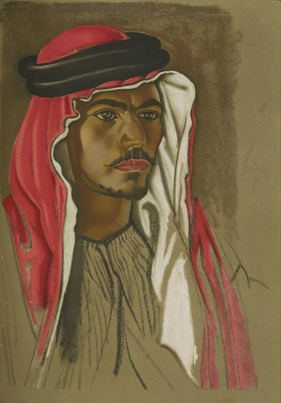 Pastel portrait of an Arab male with grey eyes, a black Van Dyke type beard, in brown robe with a red kaffiyeh and black agal.
